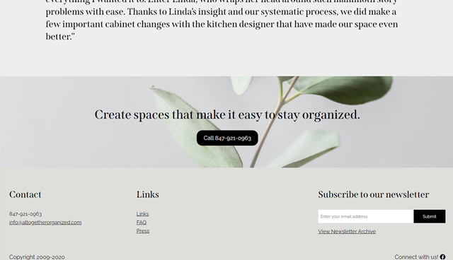 screenshot of Altogether Organized site footer