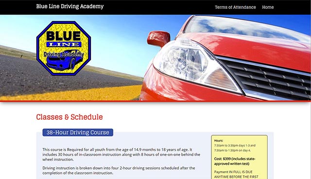 screenshot of Blue Line Driving Academy class schedule page