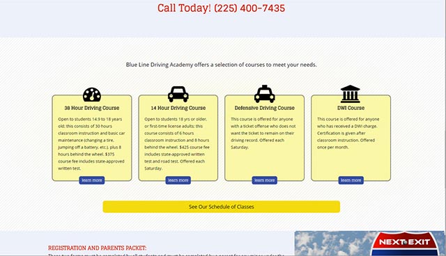 screenshot of Blue Line Driving Academy home page middle section showing course selection