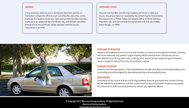 screenshot of Blue Line Driving Academy registration page section showing policies and a photo of a teen girl jumping in celebration next to a beige sedan