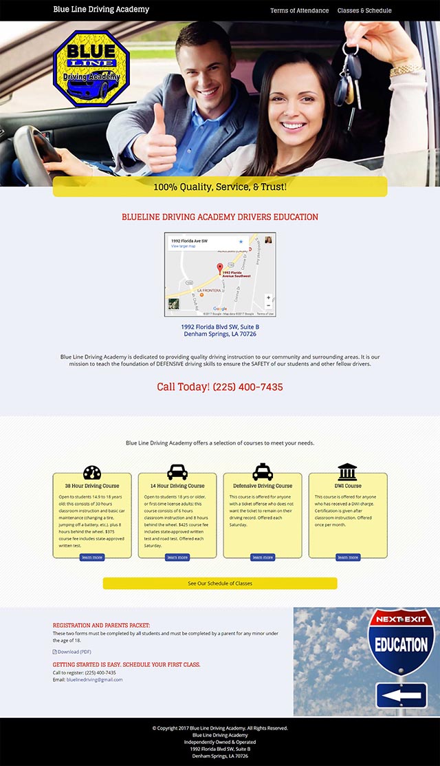 scrolling display of Blue Line Driving Academy home page