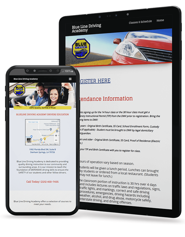Blue Line Driving Academy home page displayed on iPad and iPhone screens