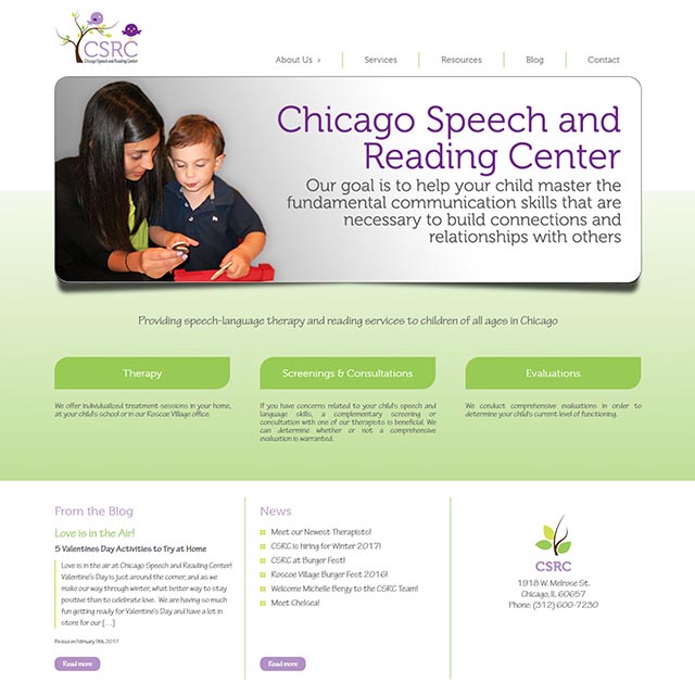 scrolling display of Chicago Speech and Reading home page