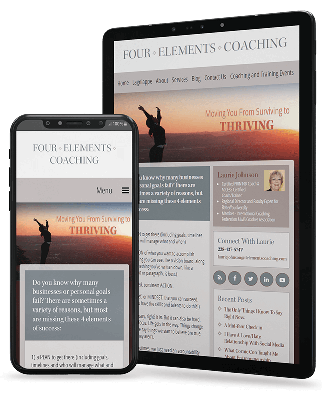 Four Elements Coaching home page displayed on iPad and iPhone screens