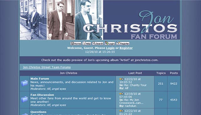 screenshot of John Christos fan forum bulletin board page