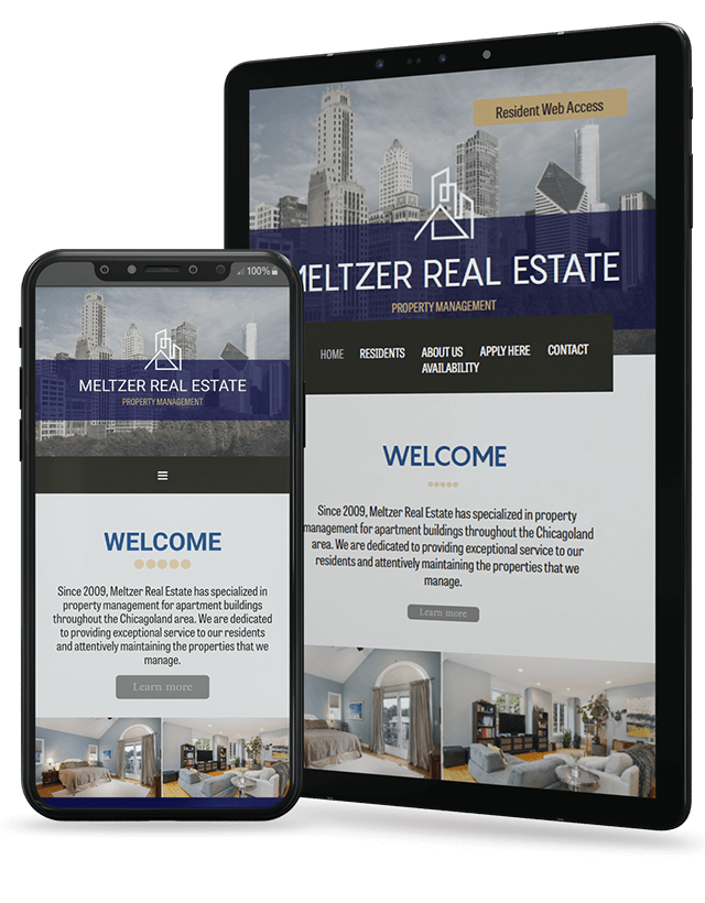 Meltzer Real Estate home page displayed on iPad and iPhone screens