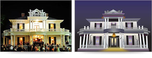 side by side shots of actual Redding House and re-created graphic of the house