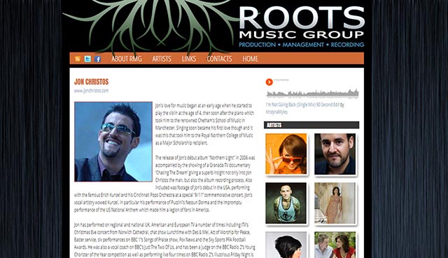 screenshot of Roots Music Group artists page for Jon Christos